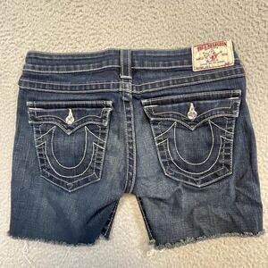 True Religion Shorts Joey Womens 30 Blue Denim Cut Off Frays Rhinestone 6 Inseam